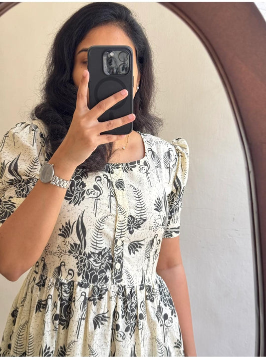 Elegant Floral Print Cotton Midi Dress With Puff Sleeves