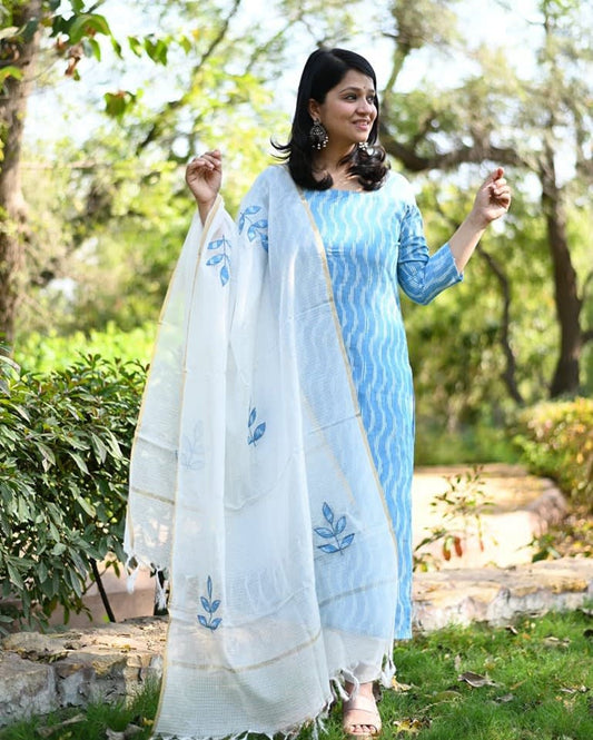 Elegant Handloom Cotton Suit Set With Embroidered Chanderi Dupatta