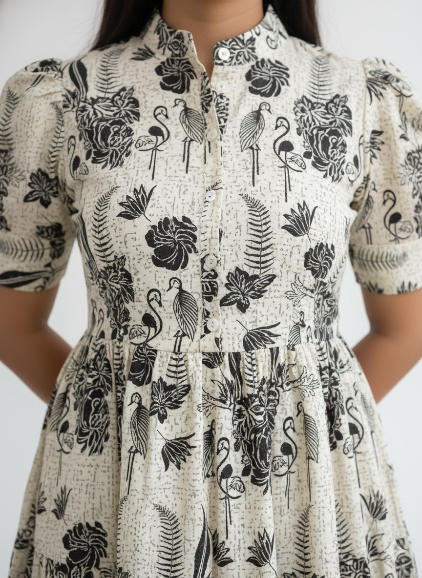 New Trending Print Cotton Off White Midi Dress for Women | Puff Sleeve Stylish Casual Midi | Sizes 38 to 44