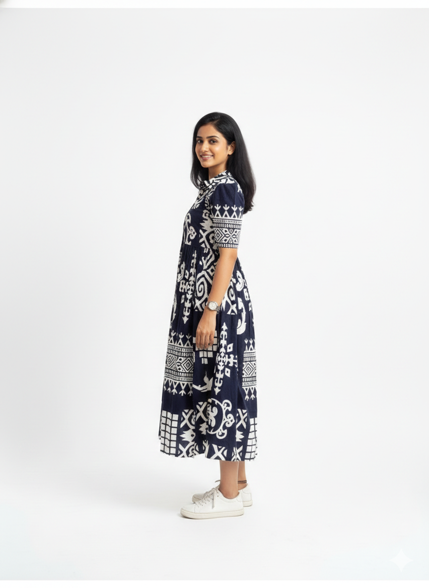 New Trending Print Cotton Midi Dress for Women | Puff Sleeve Stylish Casual Midi | Sizes 38 to 44