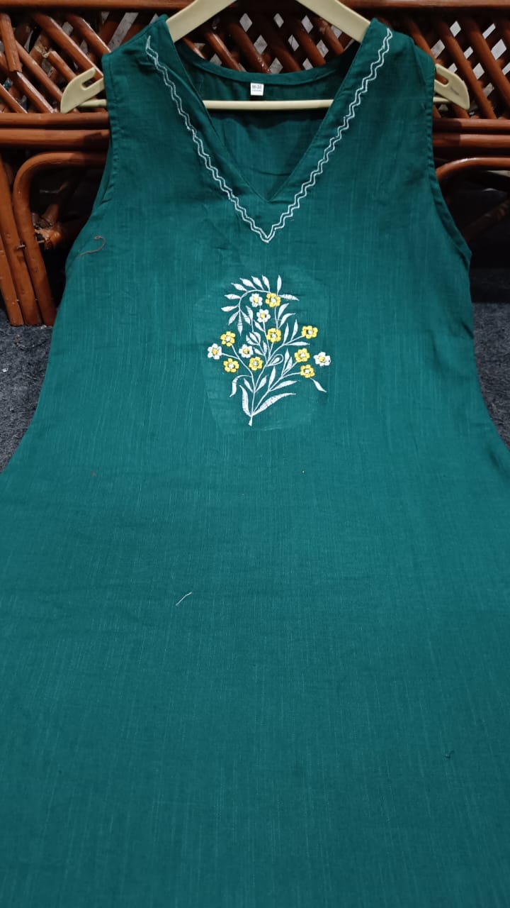 Green Elegant Embroidered Cotton Kurti & Plazo Set