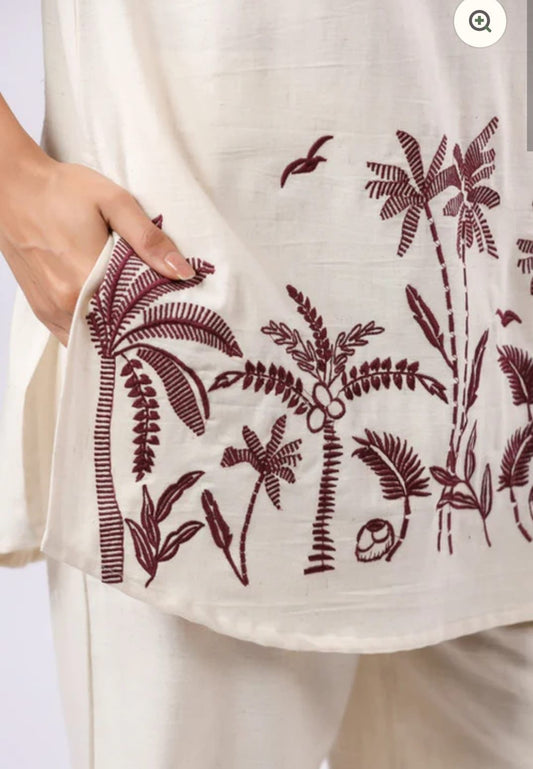 Cream Cotton Classic Co-Ord Set Embroidered Collection