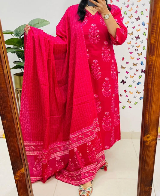 Pink Designer Straight Kurta Pant With Duppata Set