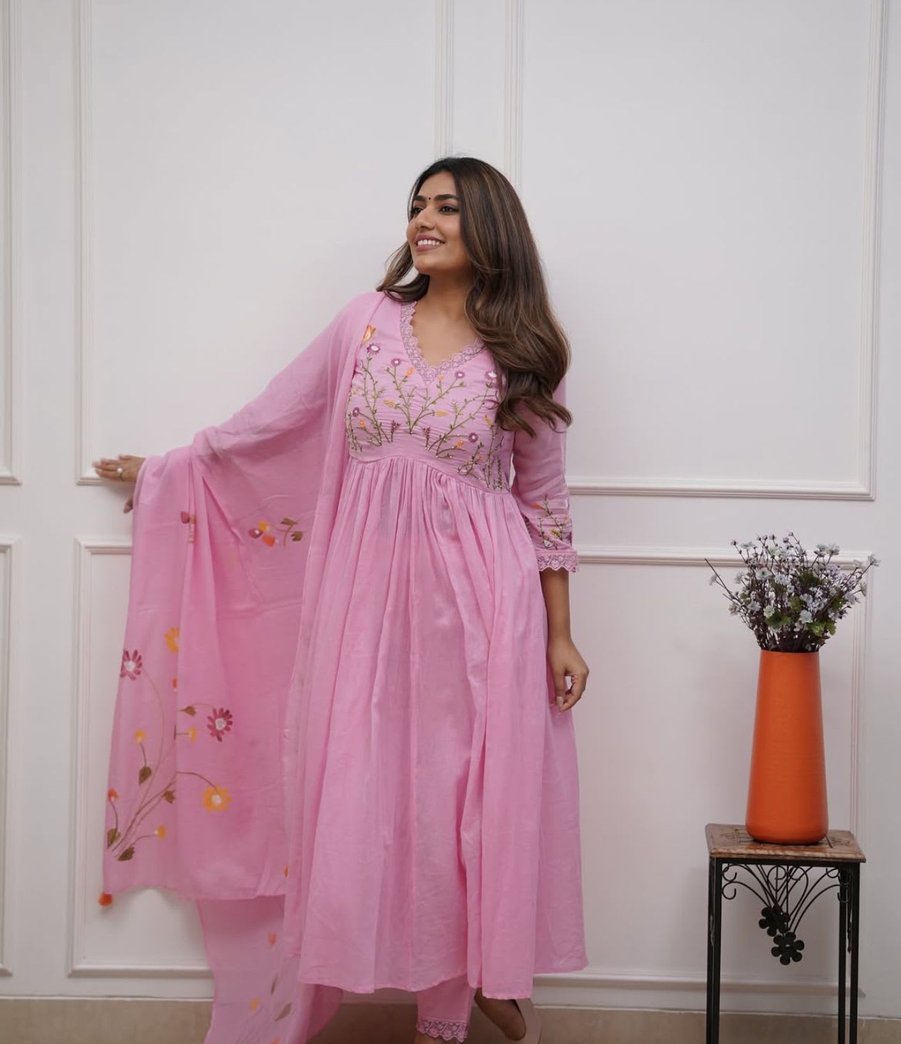 Pink Cotton Kurti Set With Embroidery Work