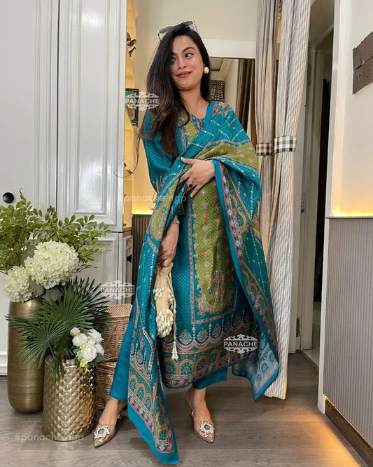Teal Blue & Olive Green Silk Blend Suit Set with Dupatta