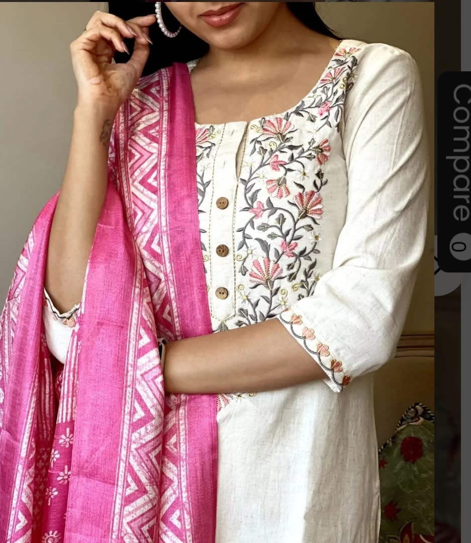 Cream Khadi Cotton Kurti Set With Dupatta For Women