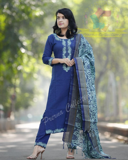 Blue Cotton Kurta Set With Dupatta For Women