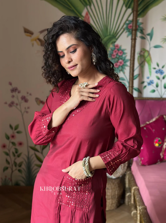 Geometric Embroidered Sequinned Cotton Silk A-Line Kurta With Trousers