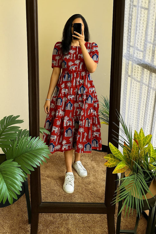New Red Trending Printed Cotton Midi Dress for Women | Puff Sleeves | Comfortable Daily Wear | Sizes 38 to 44