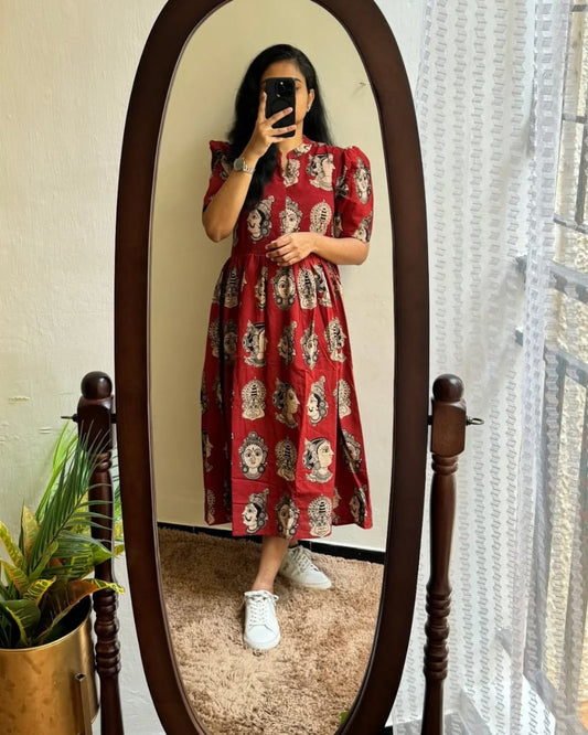 New Trending Printed Cotton Midi Dress for Women | Puff Sleeves