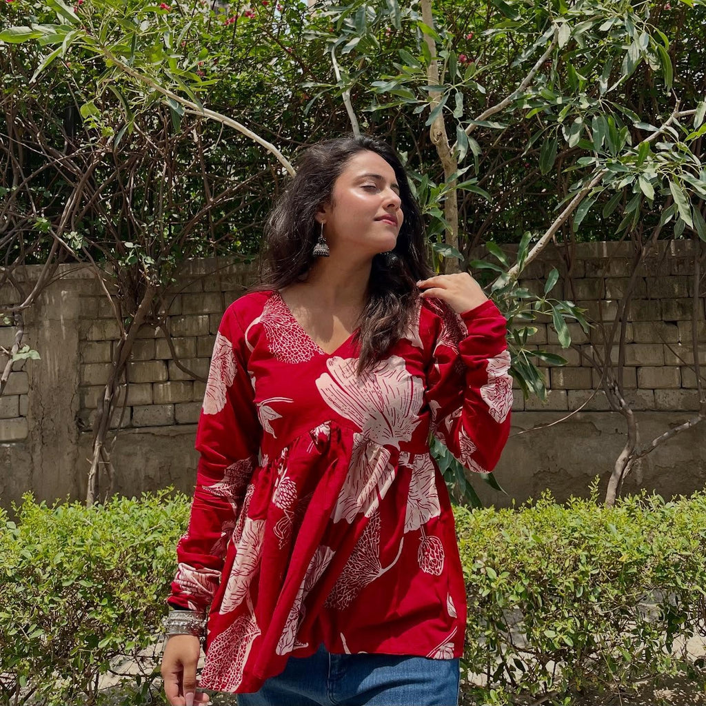 Red Floral Cotton Top for Women | V-Neck Casual College Wear Top