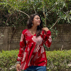 Red Floral Cotton Top for Women | V-Neck Casual College Wear Top