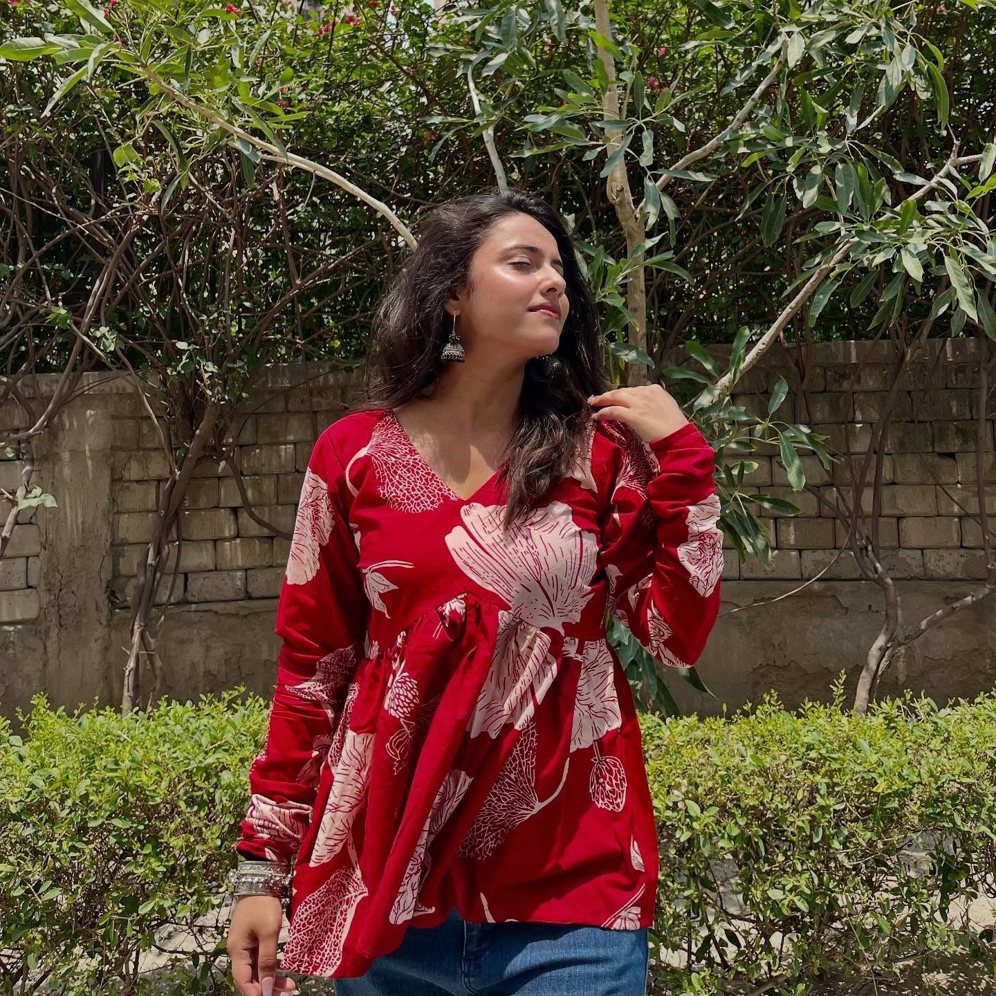 Red Floral Cotton Top for Women | V-Neck Casual College Wear Top