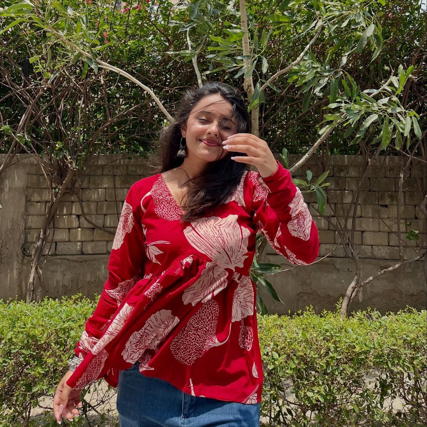Red Floral Cotton Top for Women | V-Neck Casual College Wear Top