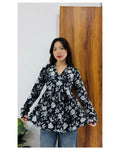 Black Floral Cotton Top for Women | V-Neck Casual College Wear Top