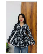 Black Floral Cotton Top for Women | V-Neck Casual College Wear Top