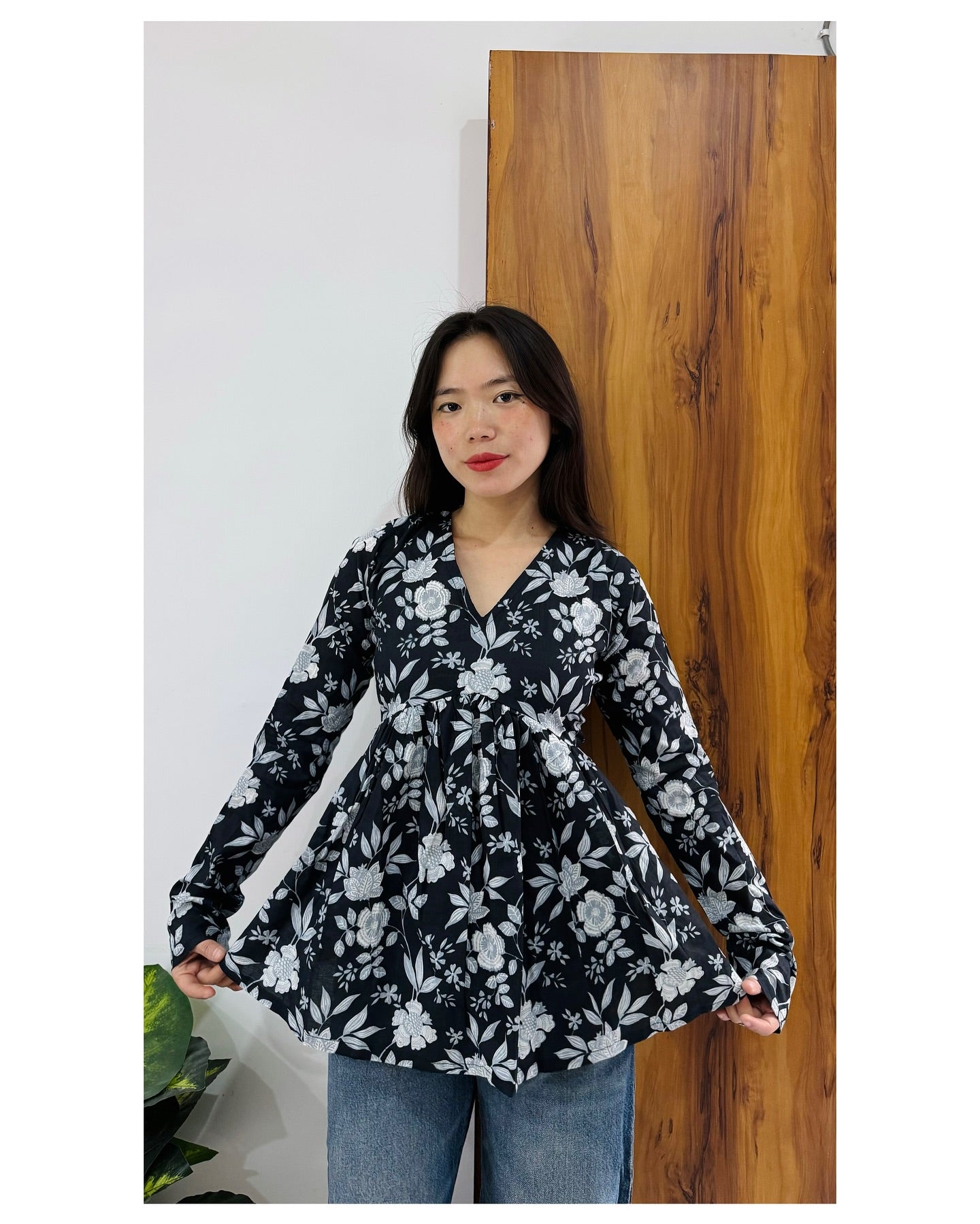 Black Floral Cotton Top for Women | V-Neck Casual College Wear Top