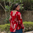 Red Floral Cotton Top for Women | V-Neck Casual College Wear Top