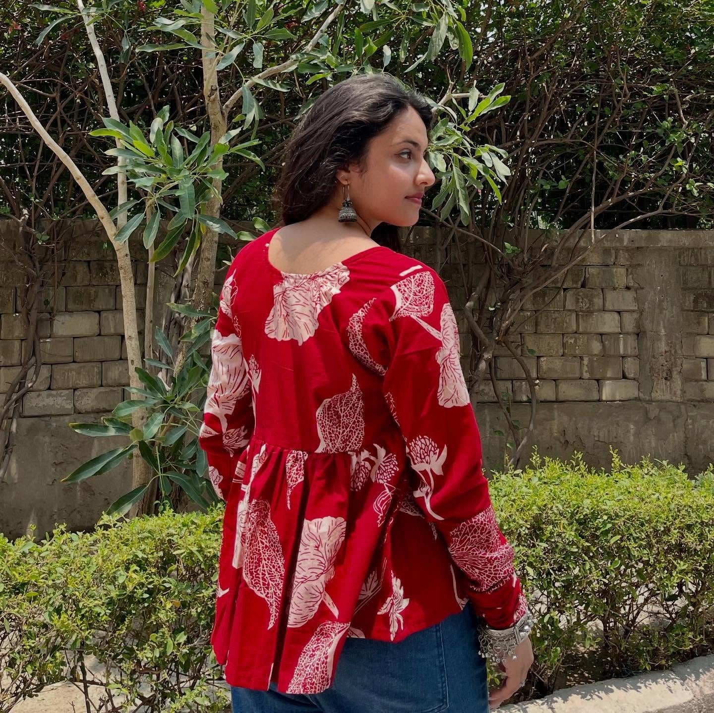 Red Floral Cotton Top for Women | V-Neck Casual College Wear Top