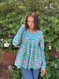Teal Floral Cotton Top for Women | V-Neck Casual College Wear Top