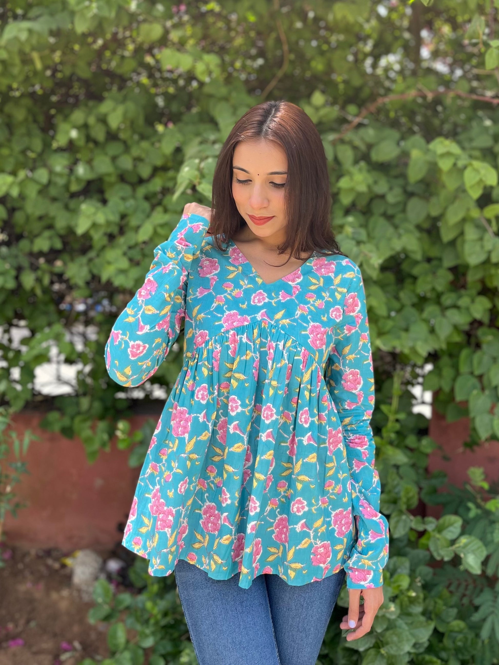 Teal Floral Cotton Top for Women | V-Neck Casual College Wear Top