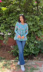 Teal Floral Cotton Top for Women | V-Neck Casual College Wear Top