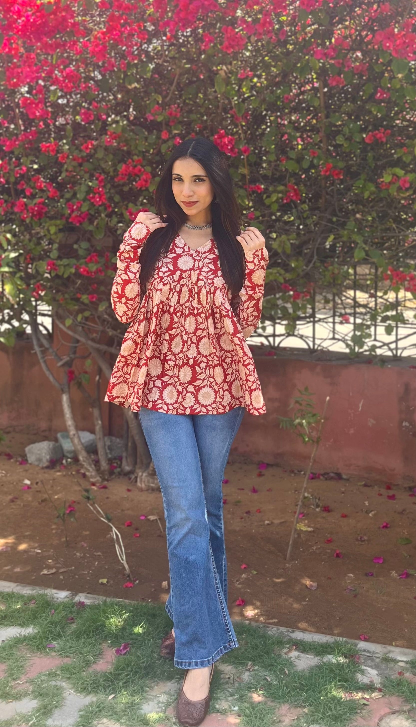 Rust Red Floral Cotton Top for Women | V-Neck Casual College Wear Top
