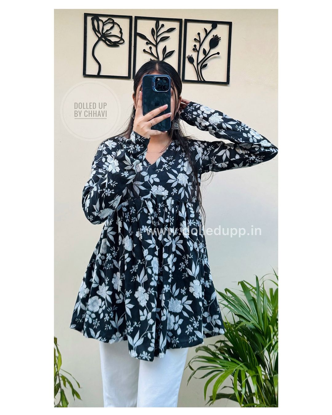 Black Floral Cotton Top for Women | V-Neck Casual College Wear Top