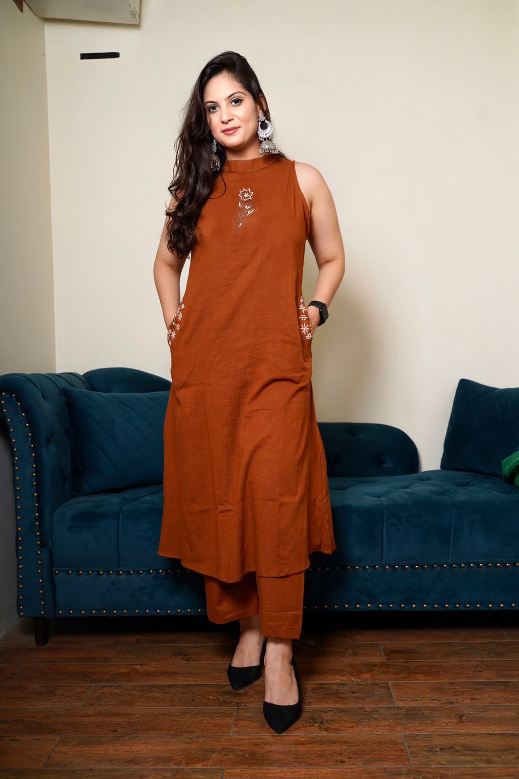 A-Line Cotton Kurta Set With Embroidery Detailing -Sleeves Attached
