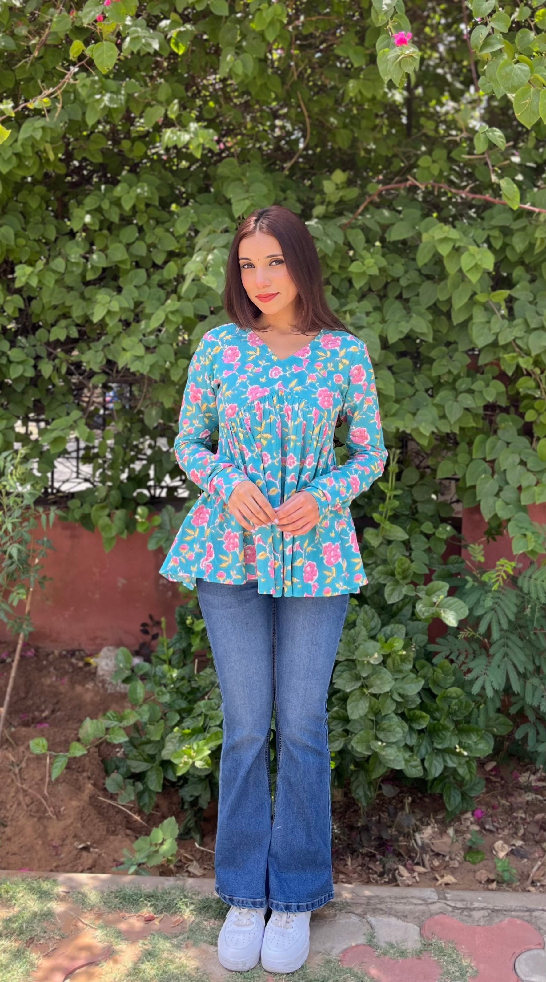 Teal Floral Cotton Top for Women | V-Neck Casual College Wear Top