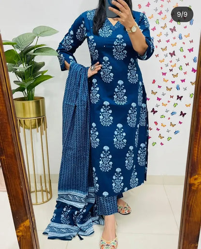 Blue Designer Straight Kurta pant with duppata set