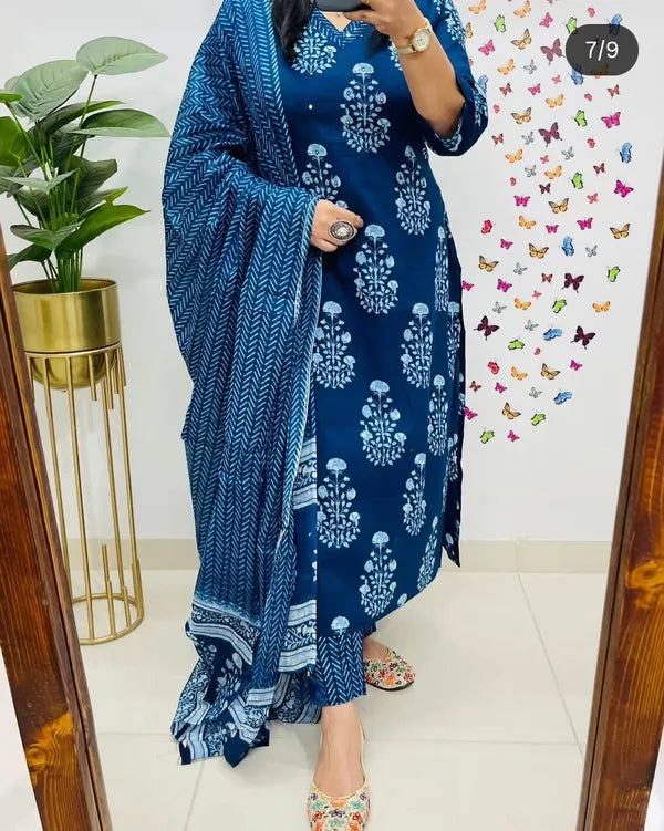 Blue Designer Straight Kurta pant with duppata set