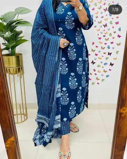 Blue Designer Straight Kurta pant with duppata set