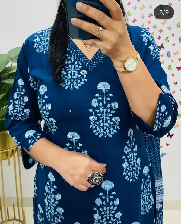 Blue Designer Straight Kurta pant with duppata set