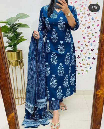 Blue Designer Straight Kurta pant with duppata set