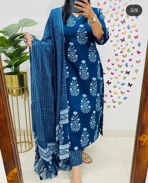 Blue Designer Straight Kurta pant with duppata set