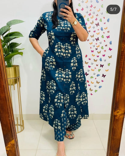 Blue Premium Cotton Co-Ord Kurta Plazo Set For Women