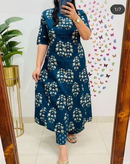 Blue Premium Cotton Co-Ord Kurta Plazo Set For Women