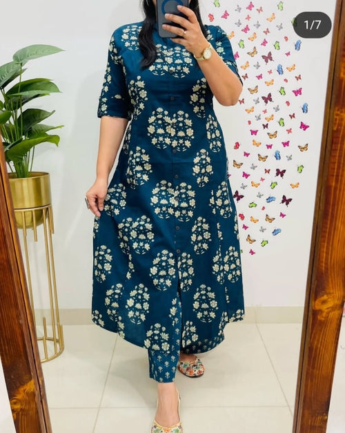 Blue Premium Cotton Co-Ord Kurta Plazo Set For Women