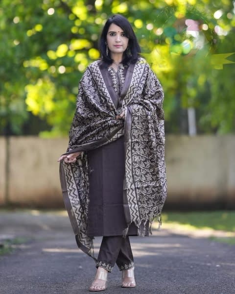 Brown Cotton 3 Piece Suit Set