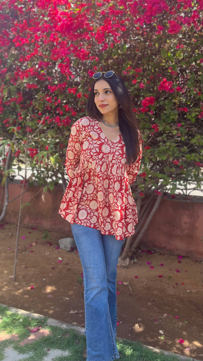 Rust Red Floral Cotton Top for Women | V-Neck Casual College Wear Top