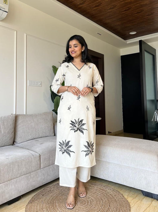 Cotton Flex Co-Ord Kurta Set With Elegant All-Over Embroidery