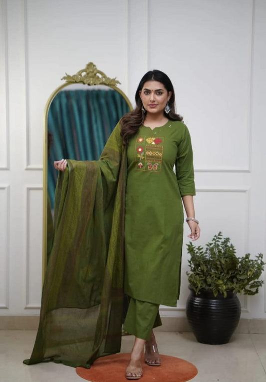 Mehandi Green Cotton Kurta Pant Set With Dupatta