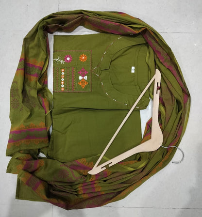 Mehandi Green Cotton Kurta Pant Set With Dupatta