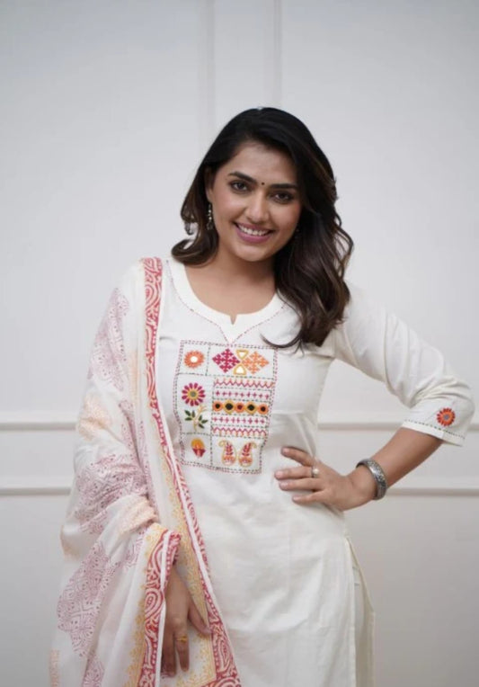 Cotton Kurta Pant with Dupatta Set,