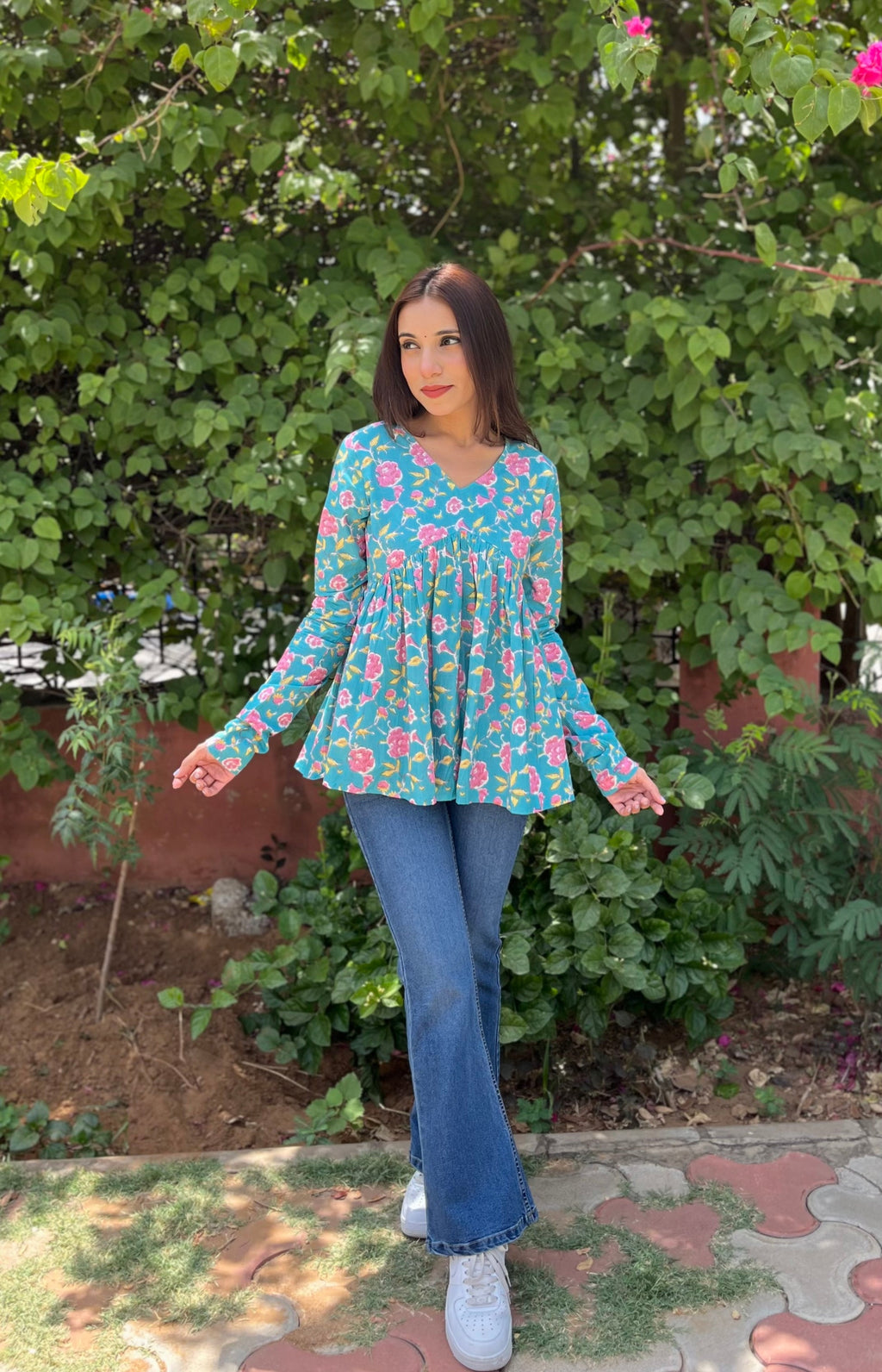Teal Floral Cotton Top for Women | V-Neck Casual College Wear Top
