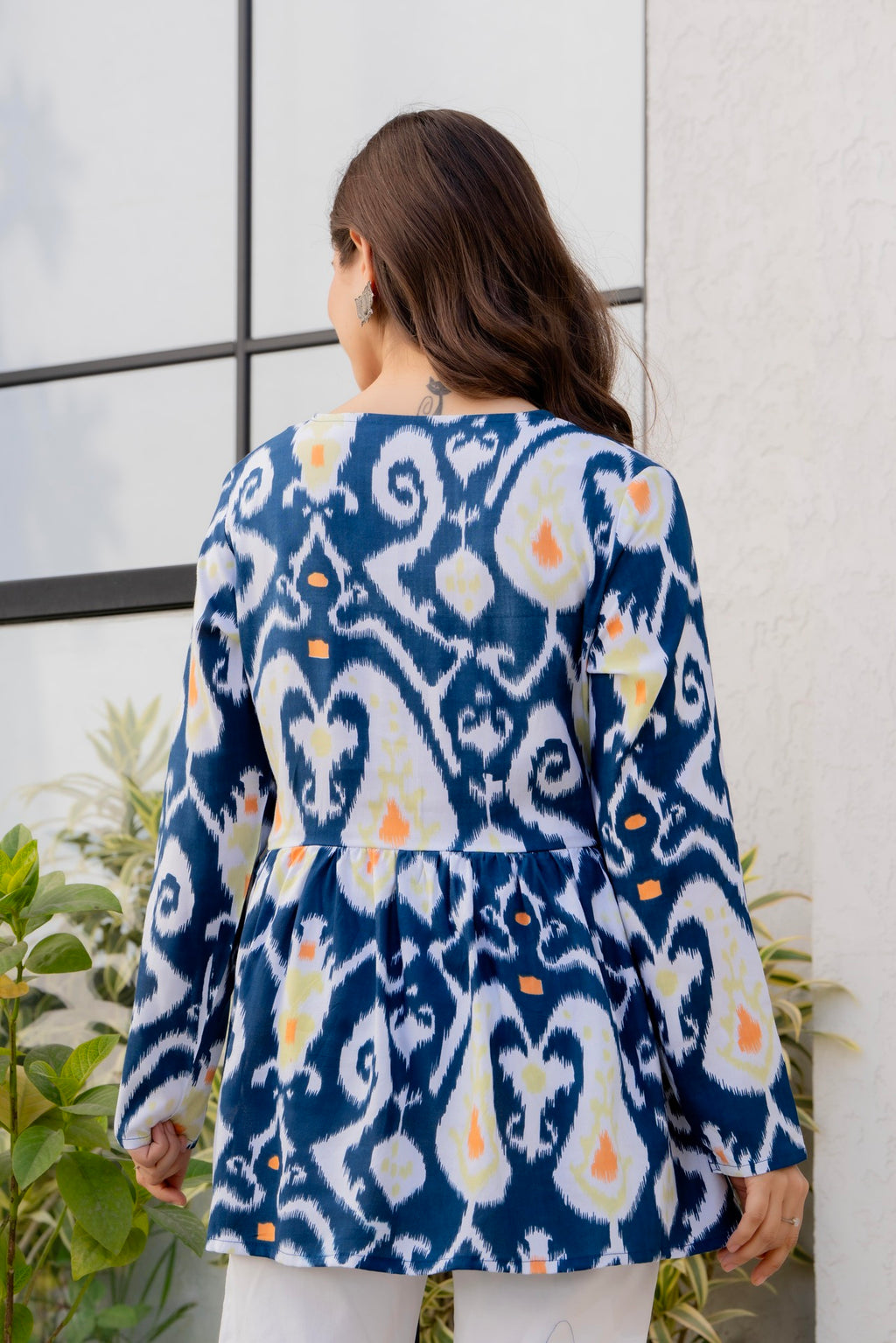 Blue Ikat Printed Cotton Top for Women | Stylish V-Neck Casual College Wear Top