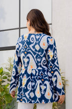 Blue Ikat Printed Cotton Top for Women | Stylish V-Neck Casual College Wear Top