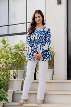 Blue Ikat Printed Cotton Top for Women | Stylish V-Neck Casual College Wear Top