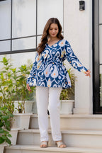 Blue Ikat Printed Cotton Top for Women | Stylish V-Neck Casual College Wear Top